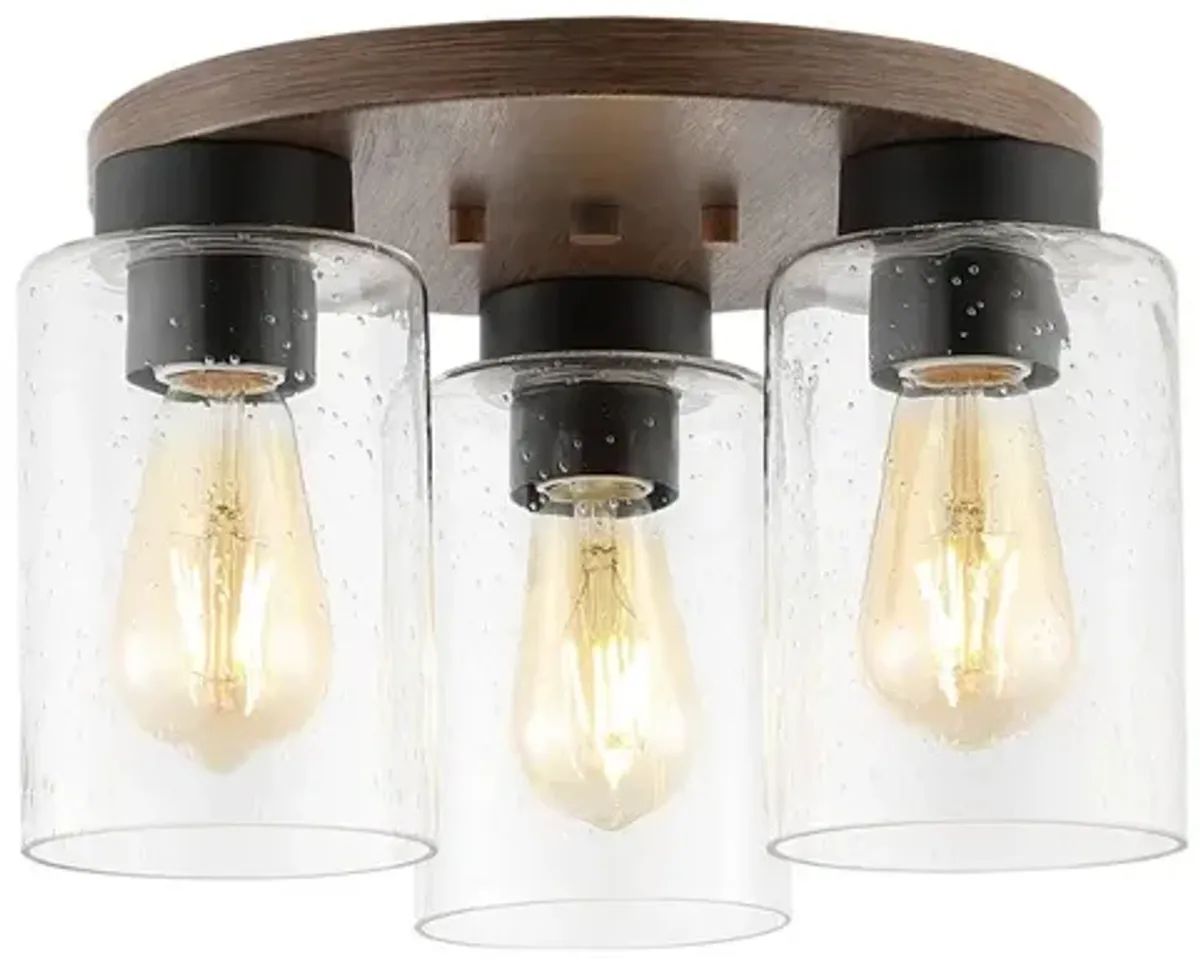 Nola 13" 3-Light Bohemian Farmhouse Iron/Seeded Glass LED Semi Flush Mount, Wood Finish/Clear