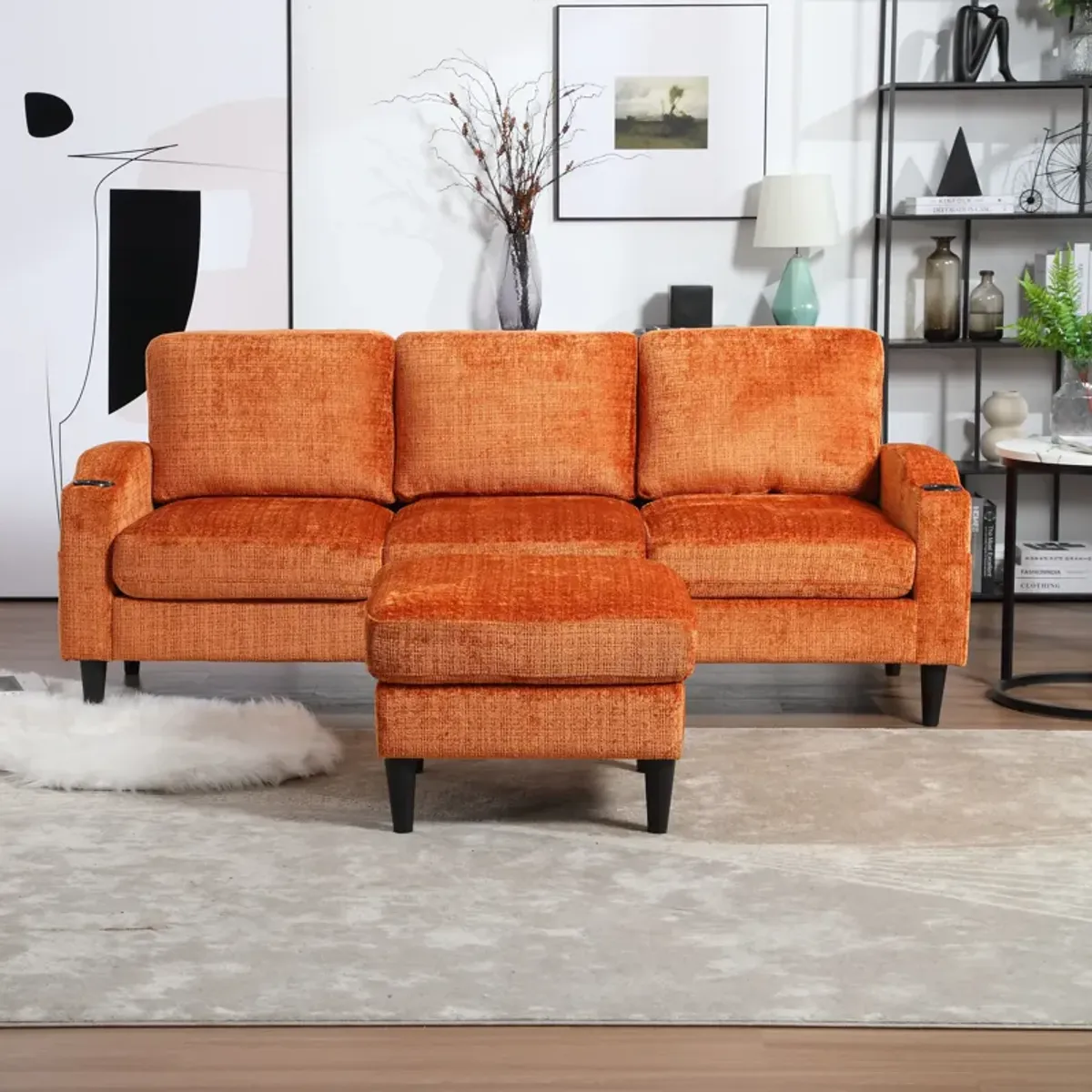 2025 New! Sofa for three, solid wood frame, Chenille fabric, side pocket, with two cup holders, footstool with storagestorage sofa /Living room sofa cozy sectional sofa