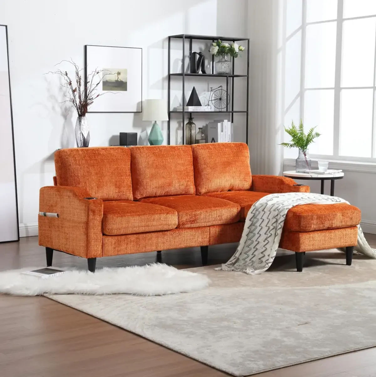 2025 New! Sofa for three, solid wood frame, Chenille fabric, side pocket, with two cup holders, footstool with storagestorage sofa /Living room sofa cozy sectional sofa