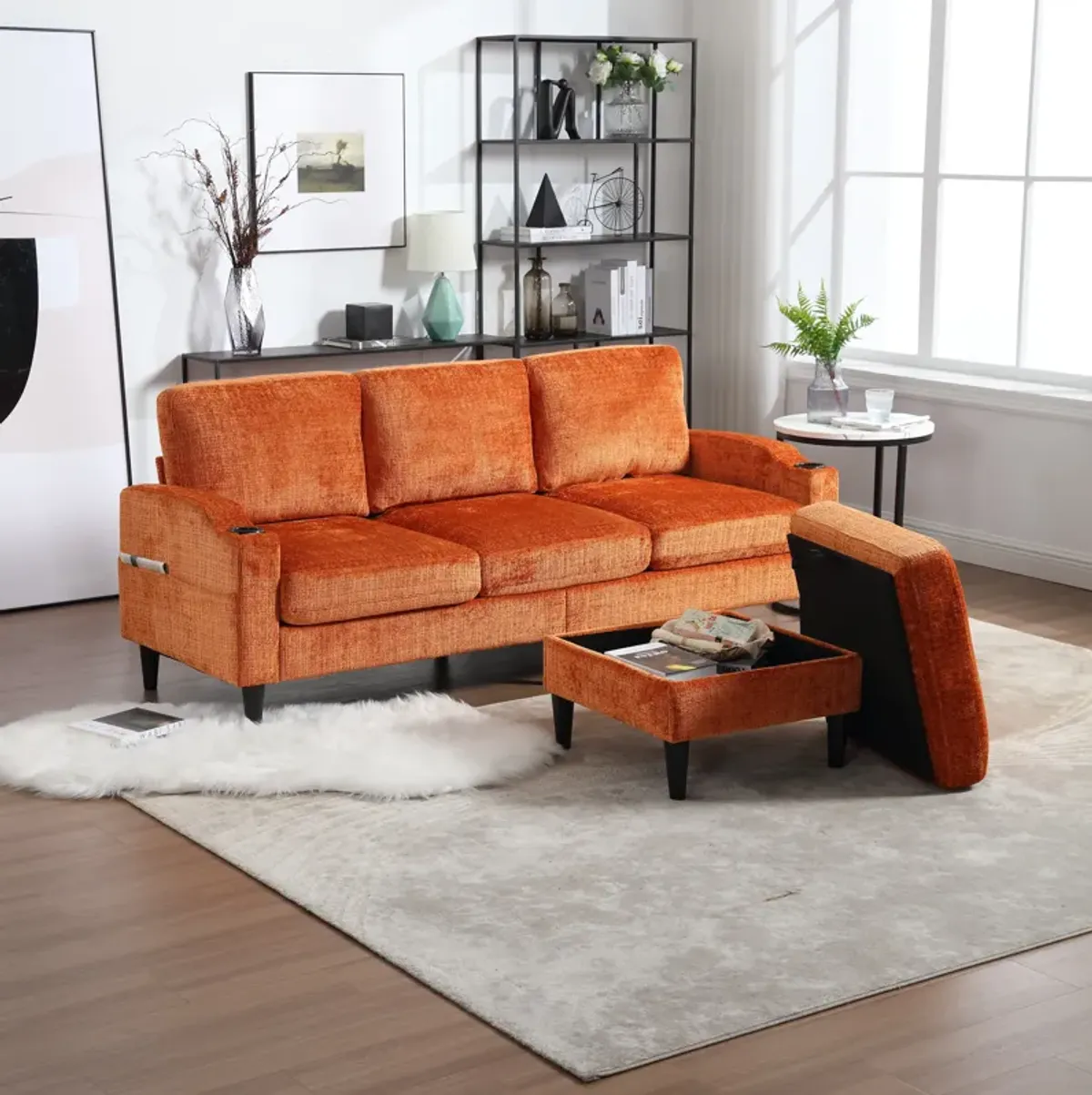 2025 New! Sofa for three, solid wood frame, Chenille fabric, side pocket, with two cup holders, footstool with storagestorage sofa /Living room sofa cozy sectional sofa