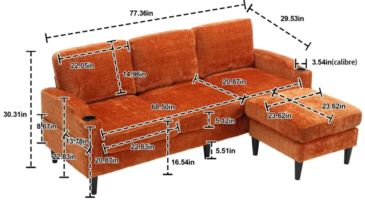 2025 New! Sofa for three, solid wood frame, Chenille fabric, side pocket, with two cup holders, footstool with storagestorage sofa /Living room sofa cozy sectional sofa