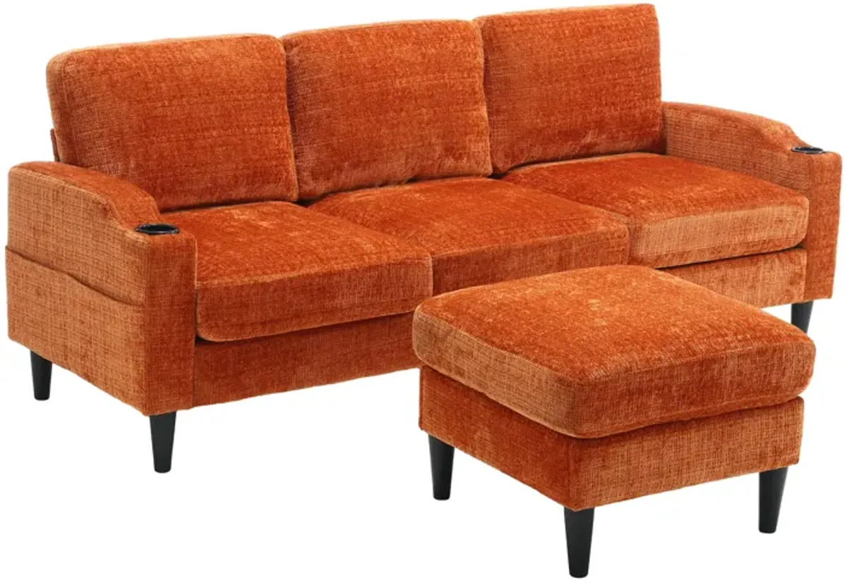 Sofa for three, solid wood frame, Chenille fabric, side pocket, with two cup holders, footstool with storagestorage sofa /Living room sofa cozy sectional sofa