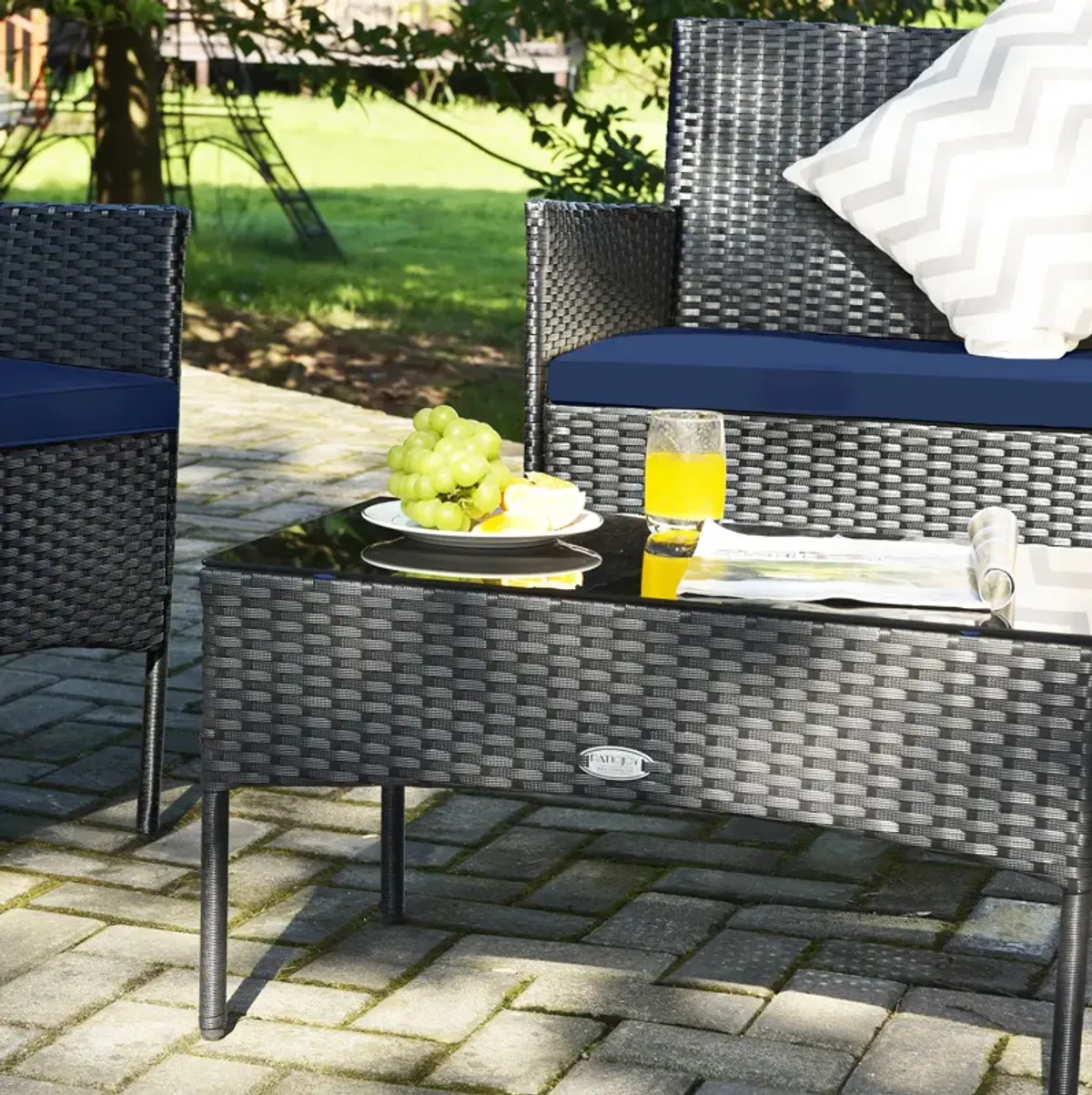 4 Pieces Patio Rattan Cushioned Sofa Set with Tempered Glass Coffee Table