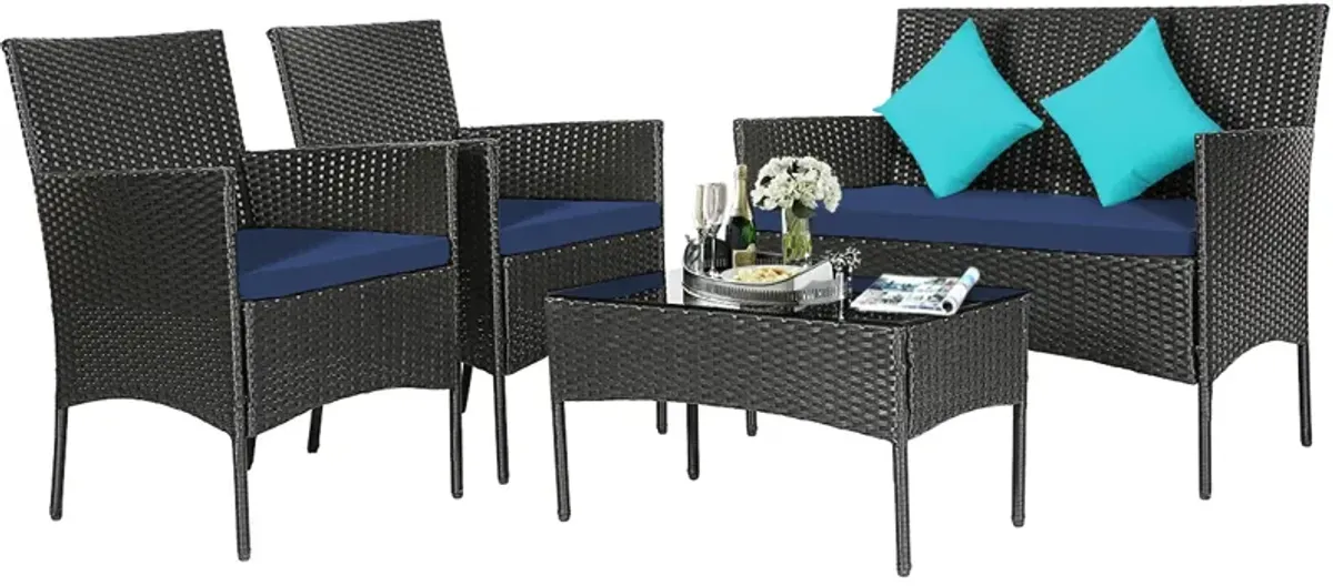 4 Pieces Patio Rattan Cushioned Sofa Set with Tempered Glass Coffee Table