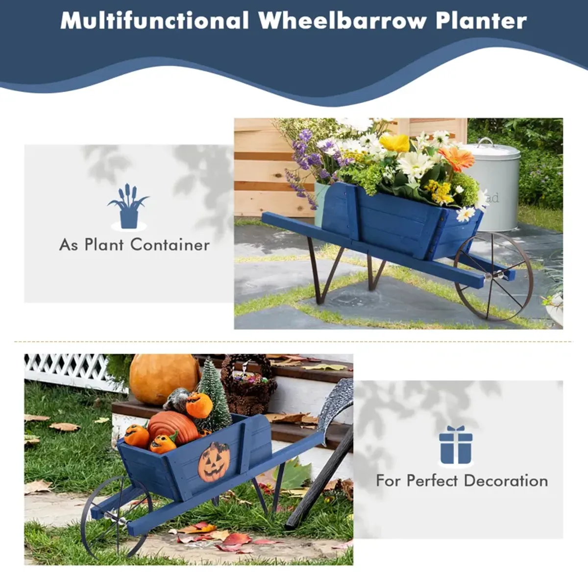 Wooden Wagon Planter with 9 Magnetic Accessories for Garden Yard