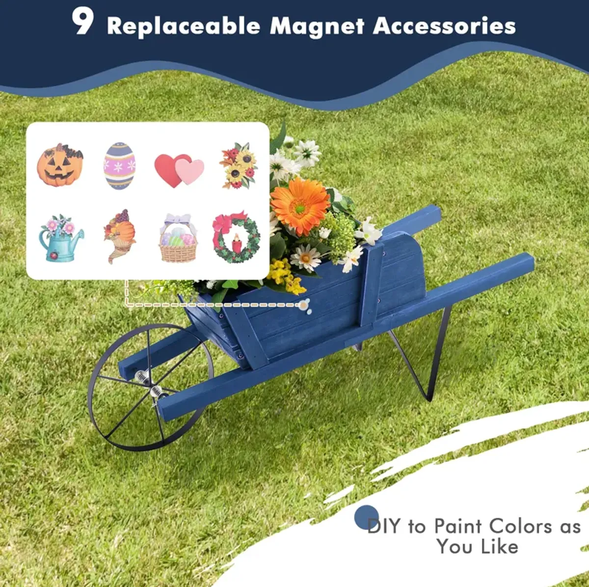 Wooden Wagon Planter with 9 Magnetic Accessories for Garden Yard