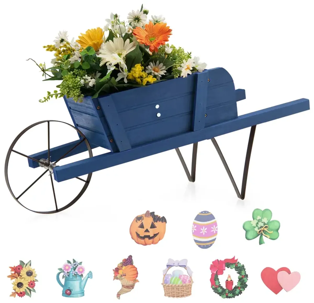 Wooden Wagon Planter with 9 Magnetic Accessories for Garden Yard