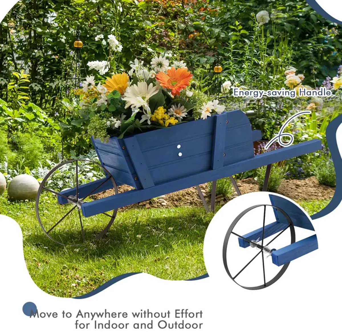 Wooden Wagon Planter with 9 Magnetic Accessories for Garden Yard