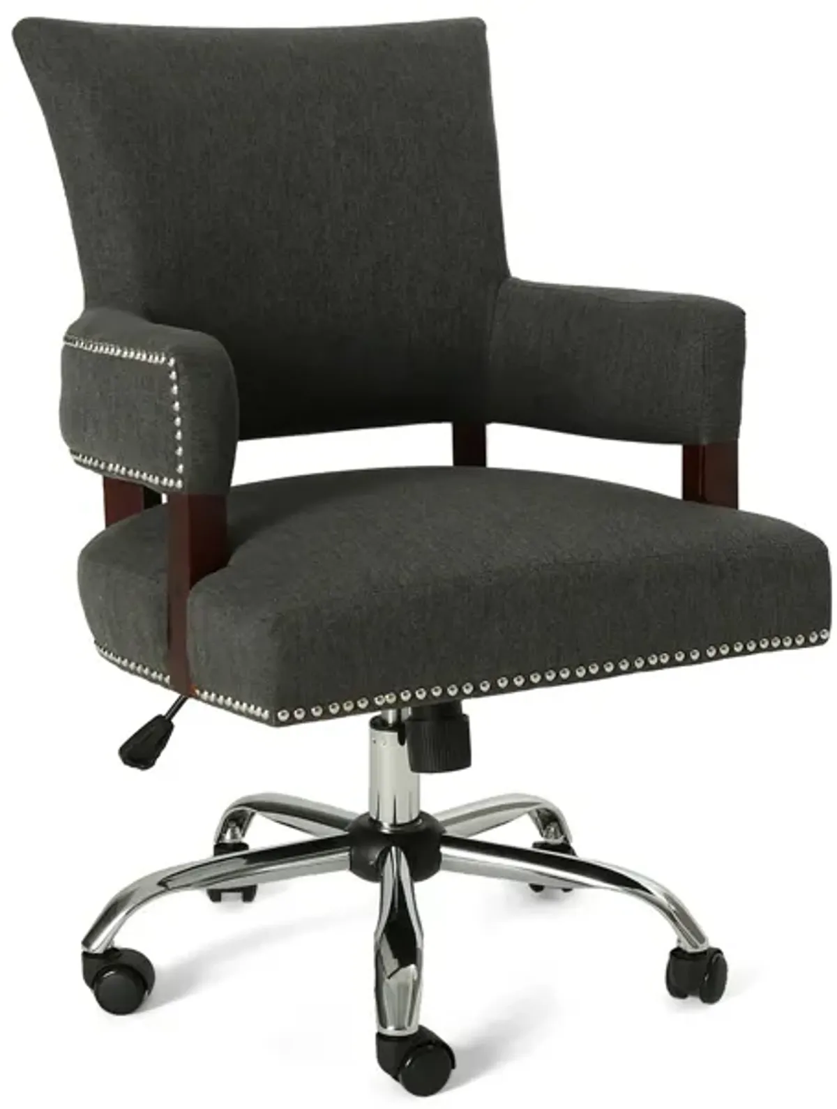 Lini Swivel Rolling Office Chair, Dark Gray Fabric, Nailhead Trim -Benzara