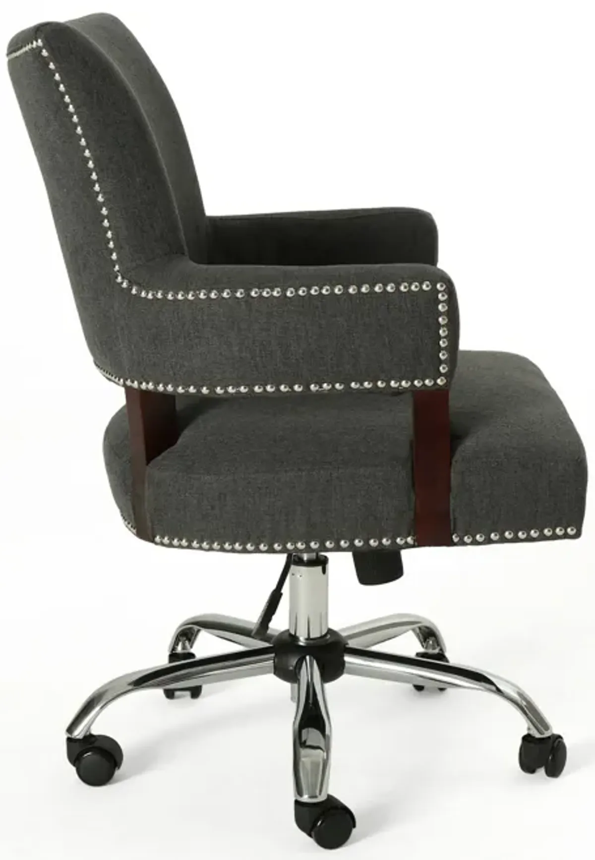 Lini Swivel Rolling Office Chair, Dark Gray Fabric, Nailhead Trim -Benzara