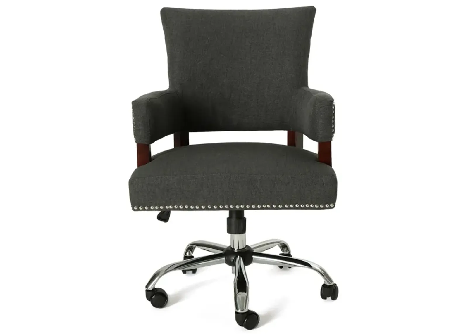 Lini Swivel Rolling Office Chair, Dark Gray Fabric, Nailhead Trim -Benzara