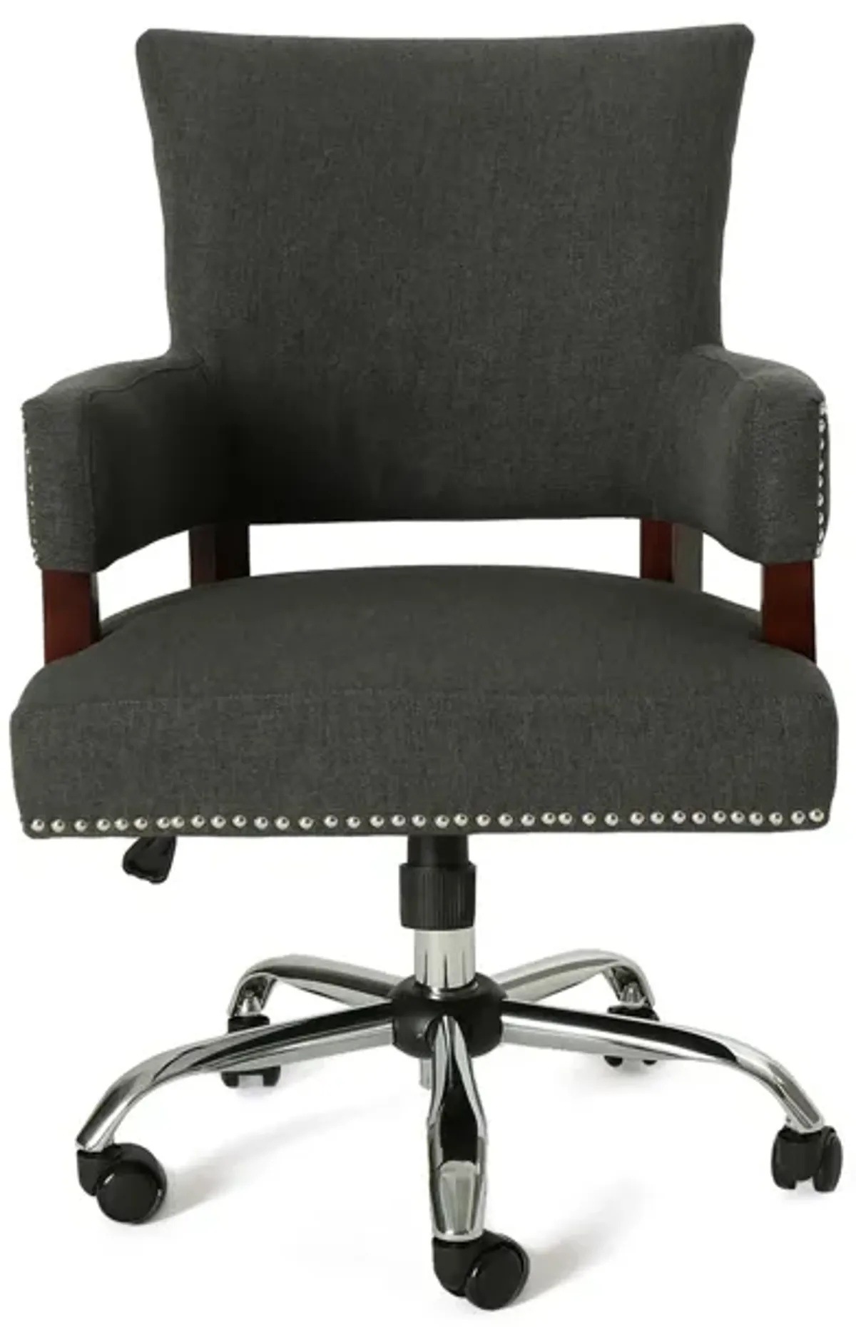 Lini Swivel Rolling Office Chair, Dark Gray Fabric, Nailhead Trim -Benzara