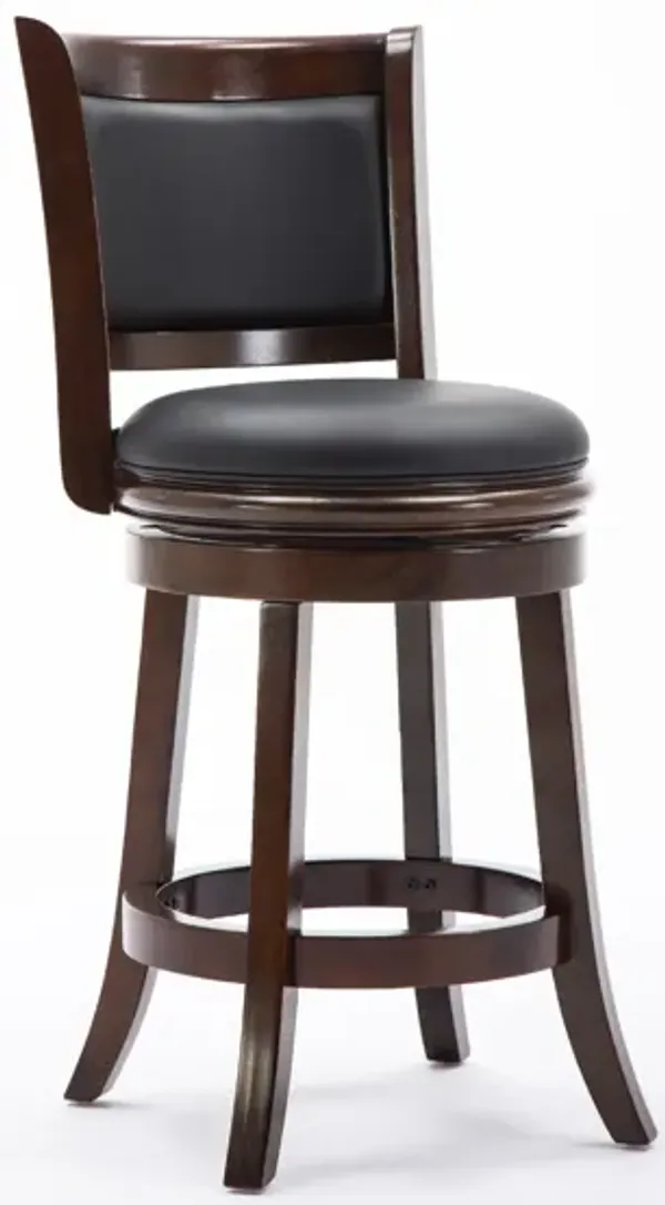 Haley 24 Inch Swivel Counter Stool, Hardwood, Rich Faux Leather Upholstery, Cappuccino, Black - Benzara