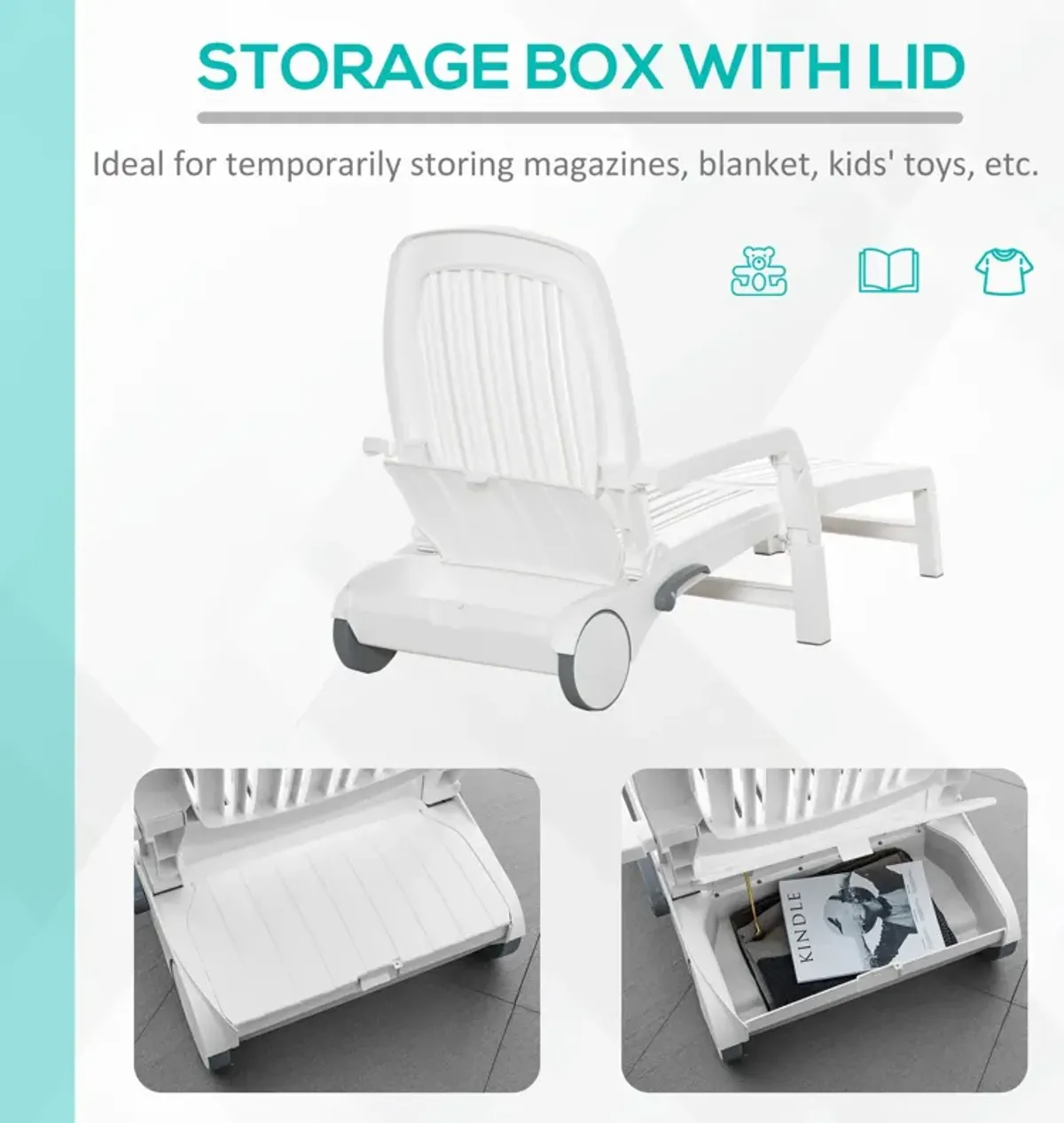 White Patio Lounger: Chaise Chair with Wheels and Storage Box