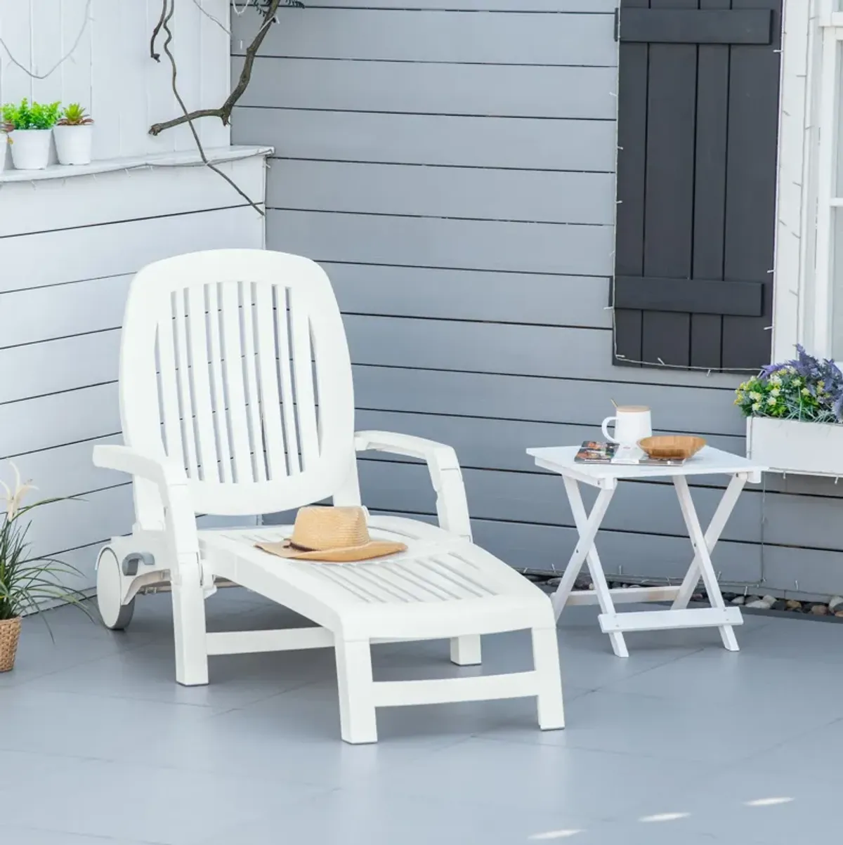 White Patio Lounger: Chaise Chair with Wheels and Storage Box