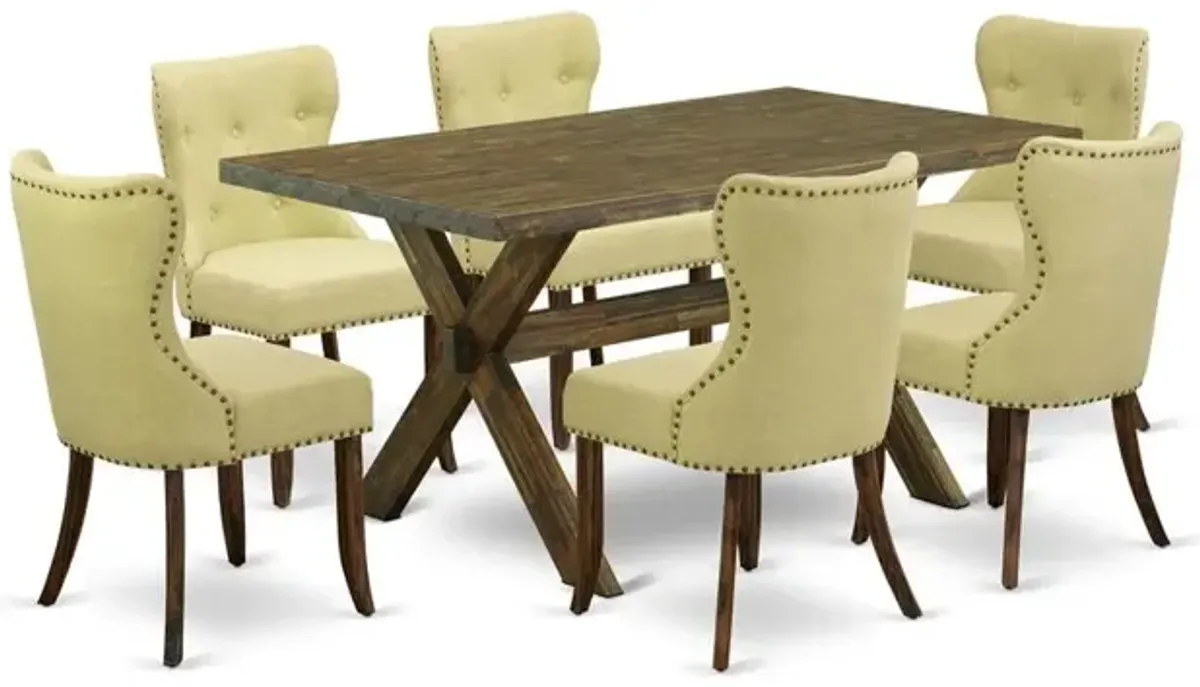 East West Furniture X776SI737-7 7-Pc Dinette Room Set- 6 Mid Century Dining Chairs with Limelight Linen Fabric Seat and Button Tufted Chair Back - Rectangular Table Top & Wooden Cross Legs - Distresse