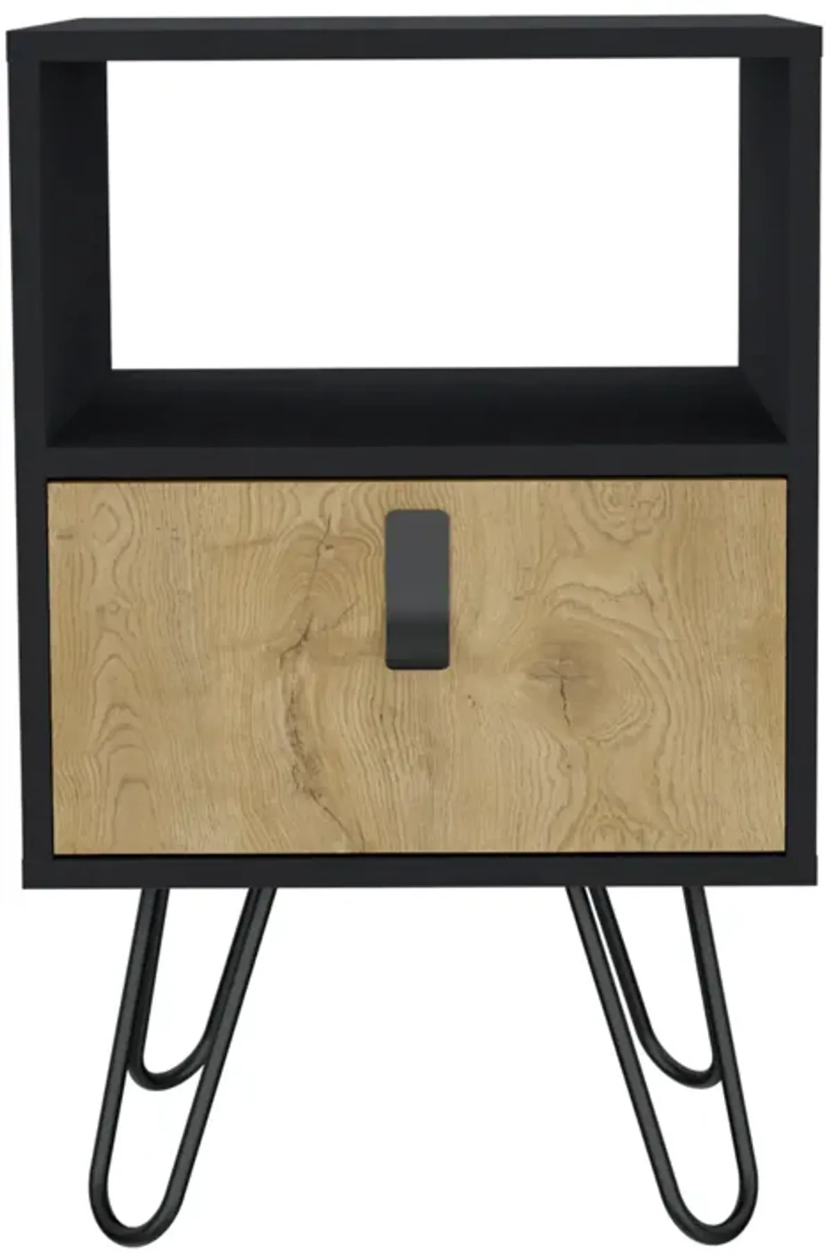 Huna Nightstand, Stylish Storage with Hairpin Leg, Open Shelf and Drawer-Black / Macadamia