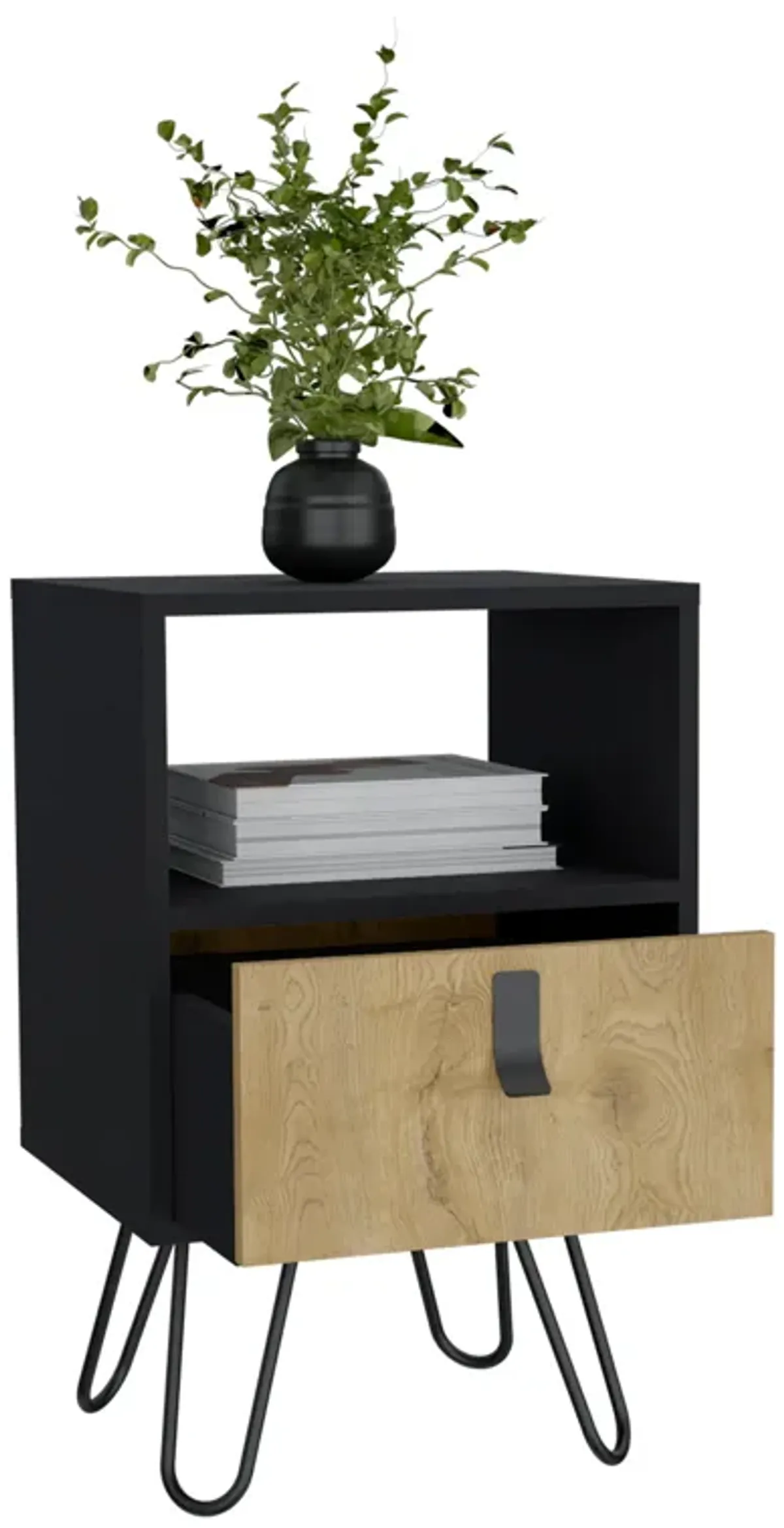 Huna Nightstand, Stylish Storage with Hairpin Leg, Open Shelf and Drawer-Black / Macadamia