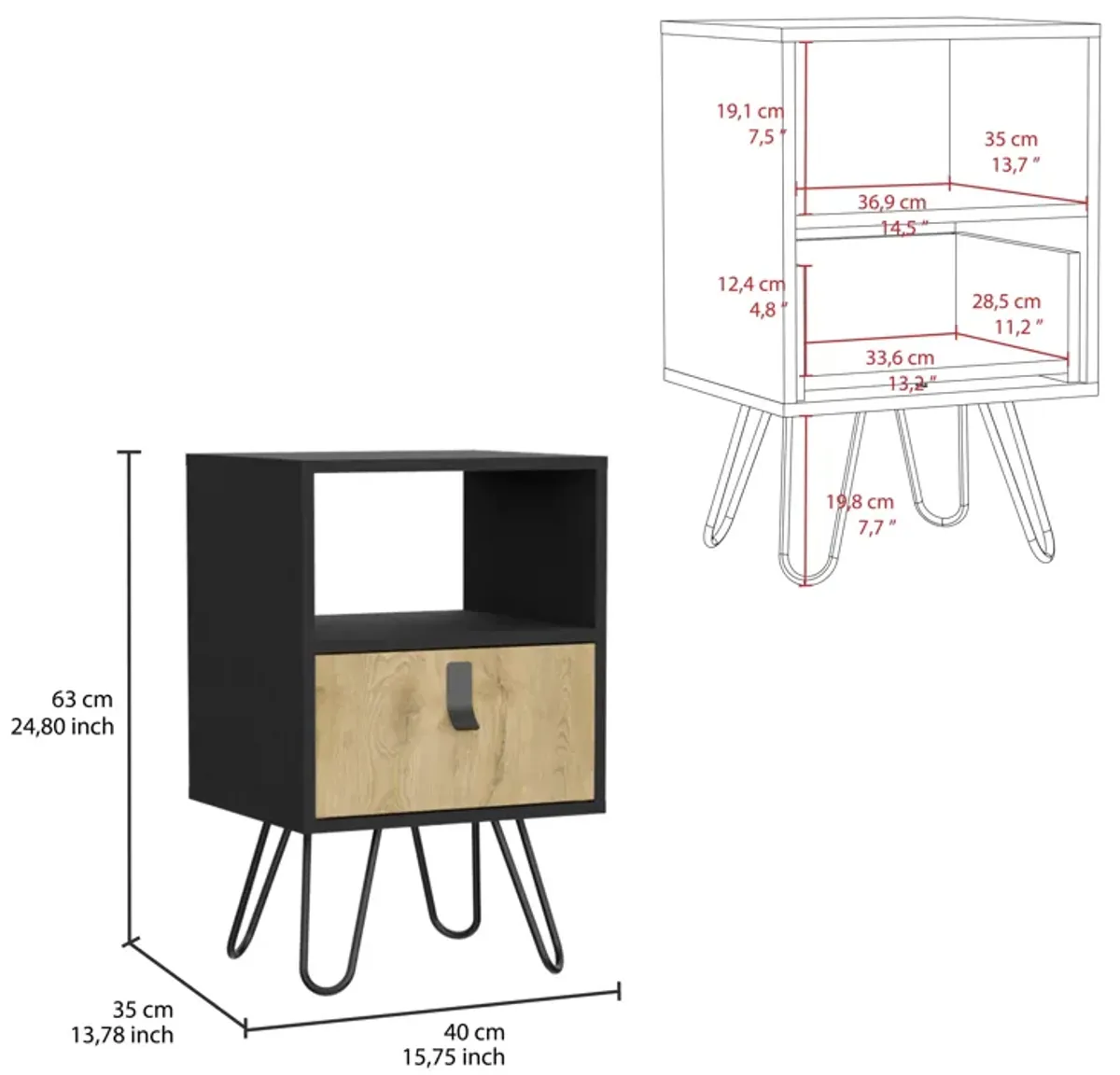 Huna Nightstand, Stylish Storage with Hairpin Leg, Open Shelf and Drawer-Black / Macadamia