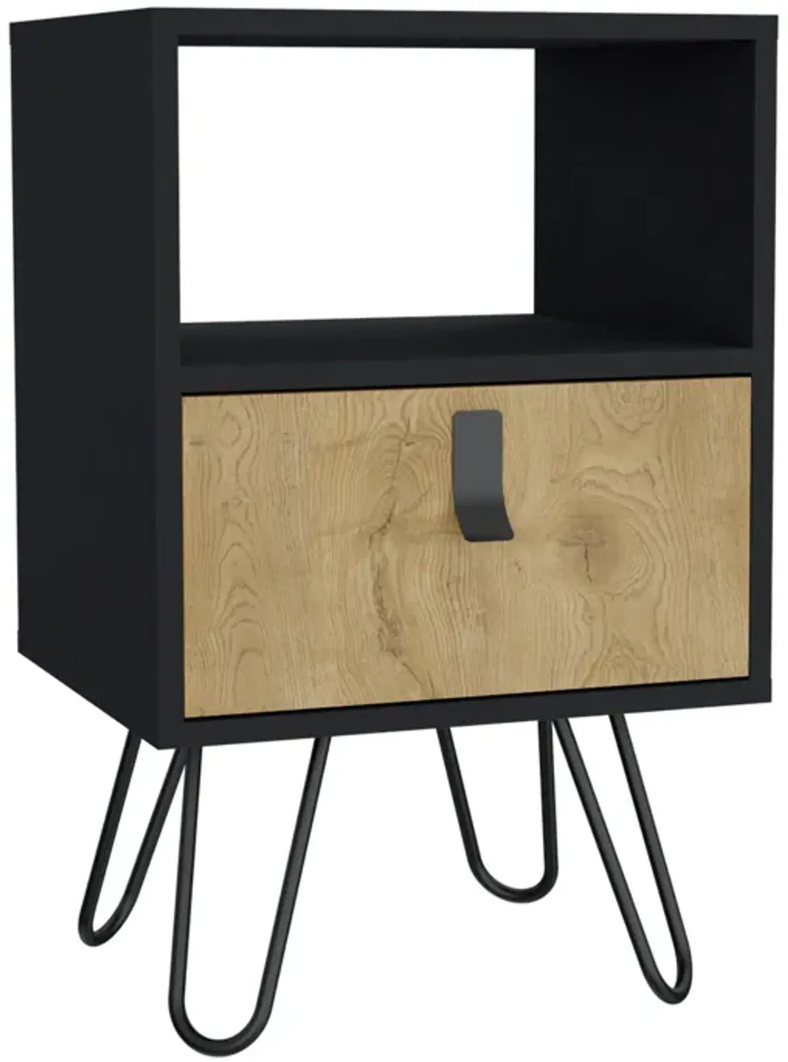 Huna Nightstand, Stylish Storage with Hairpin Leg, Open Shelf and Drawer-Black / Macadamia