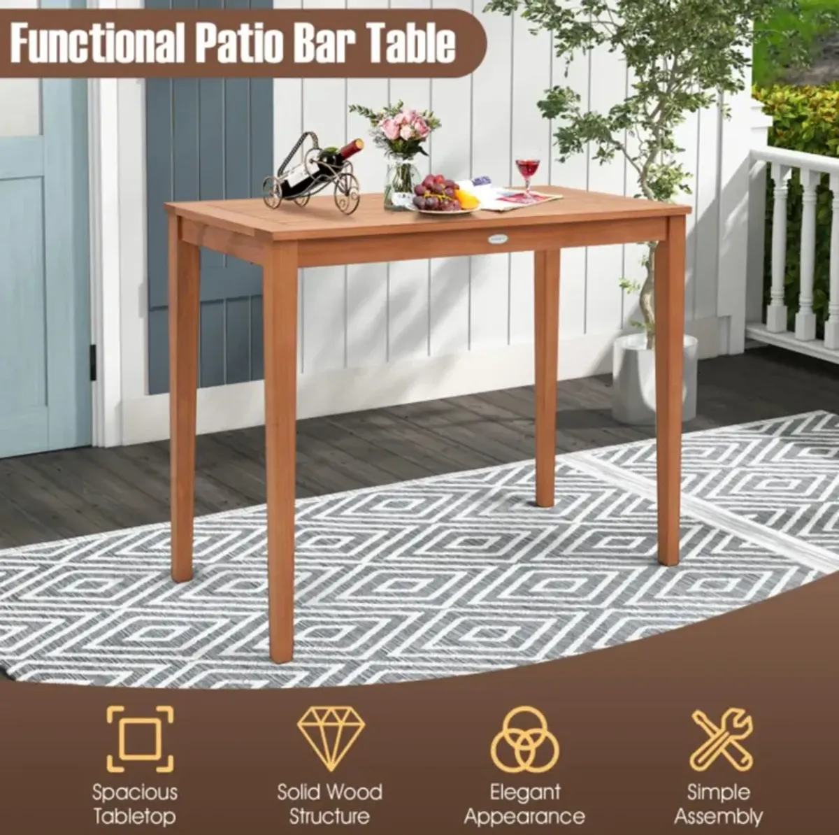 Hivvago 48 Inch x 24 Inch Rectangular Outdoor Eucalyptus Wood Bar Table for 4 People