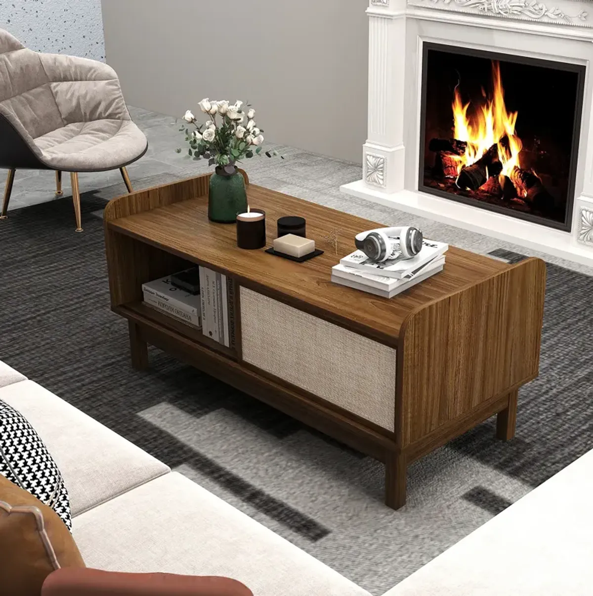 Mid-Century Center Table with Storage, Woven Sliding Door, and Adjustable Shelf for Living Room