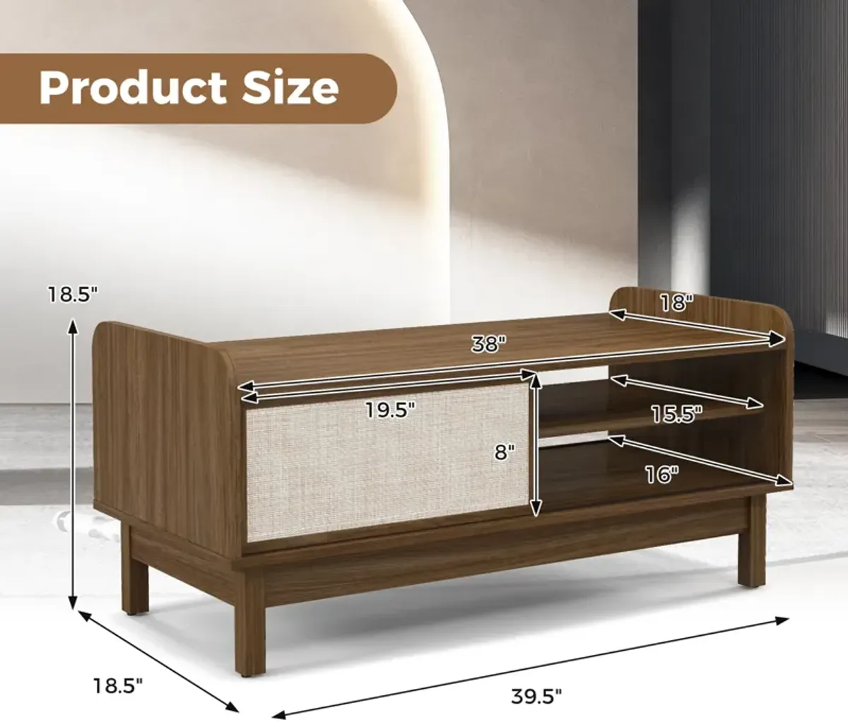 Mid-Century Center Table with Storage, Woven Sliding Door, and Adjustable Shelf for Living Room