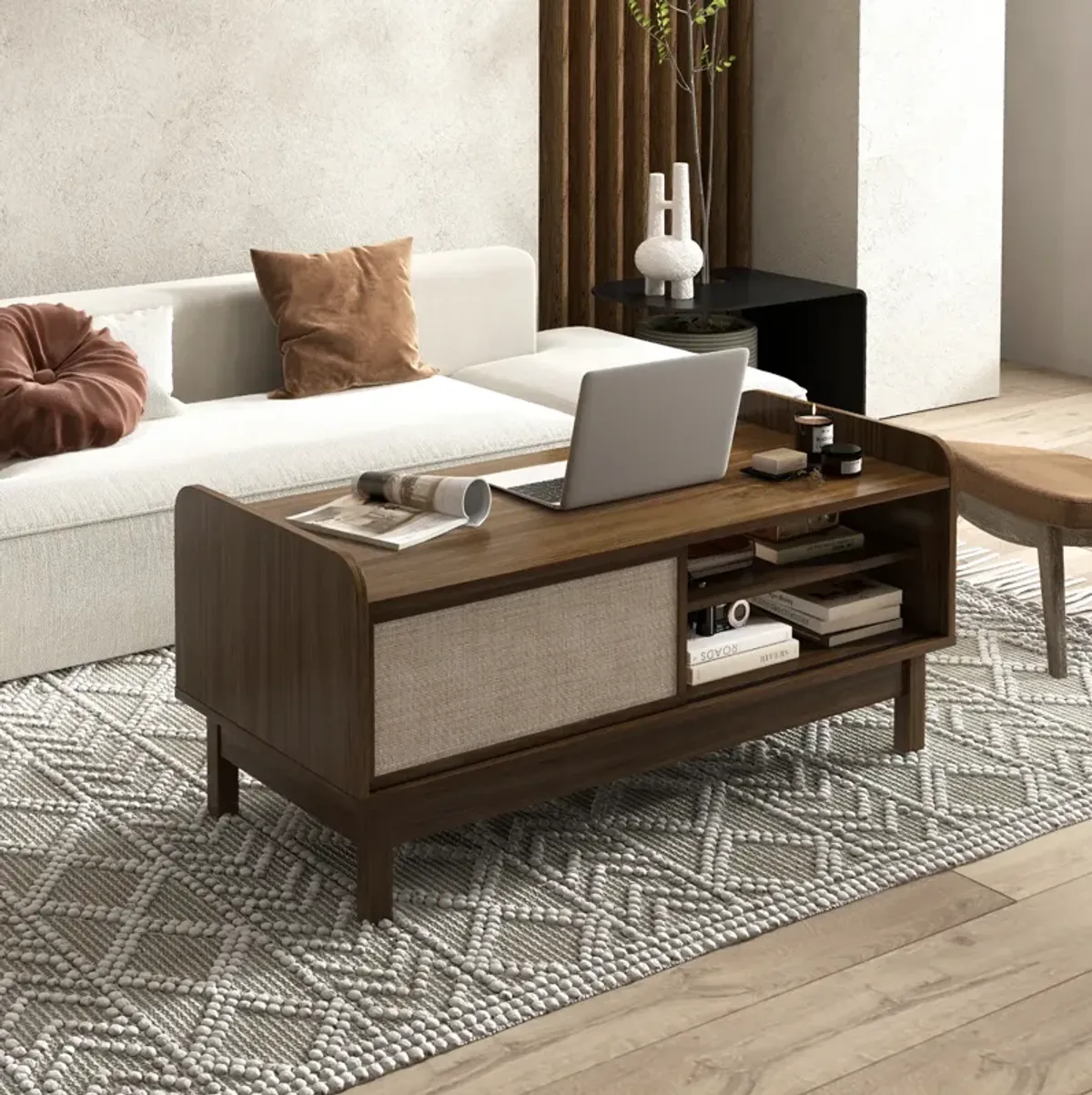 Mid-Century Center Table with Storage, Woven Sliding Door, and Adjustable Shelf for Living Room