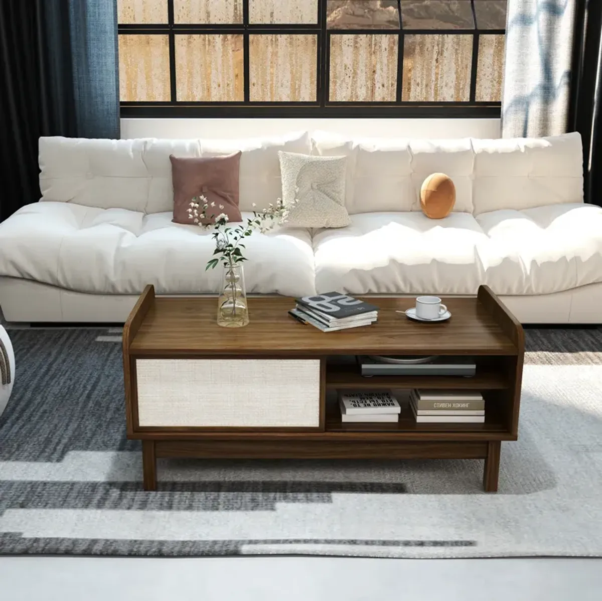 Mid-Century Center Table with Storage, Woven Sliding Door, and Adjustable Shelf for Living Room