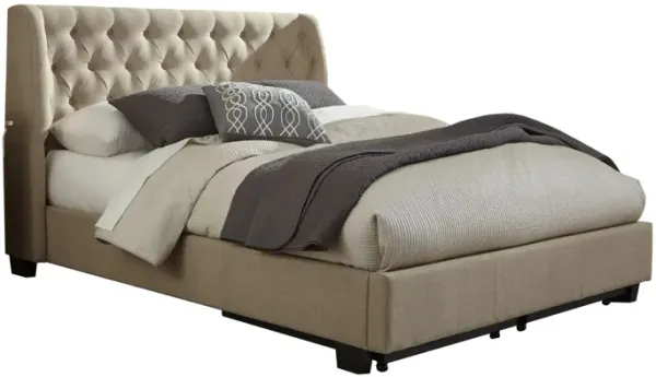 Pax Queen Bed, Storage Footboard, Button Tufted Upholstery, Beige Linen - Benzara