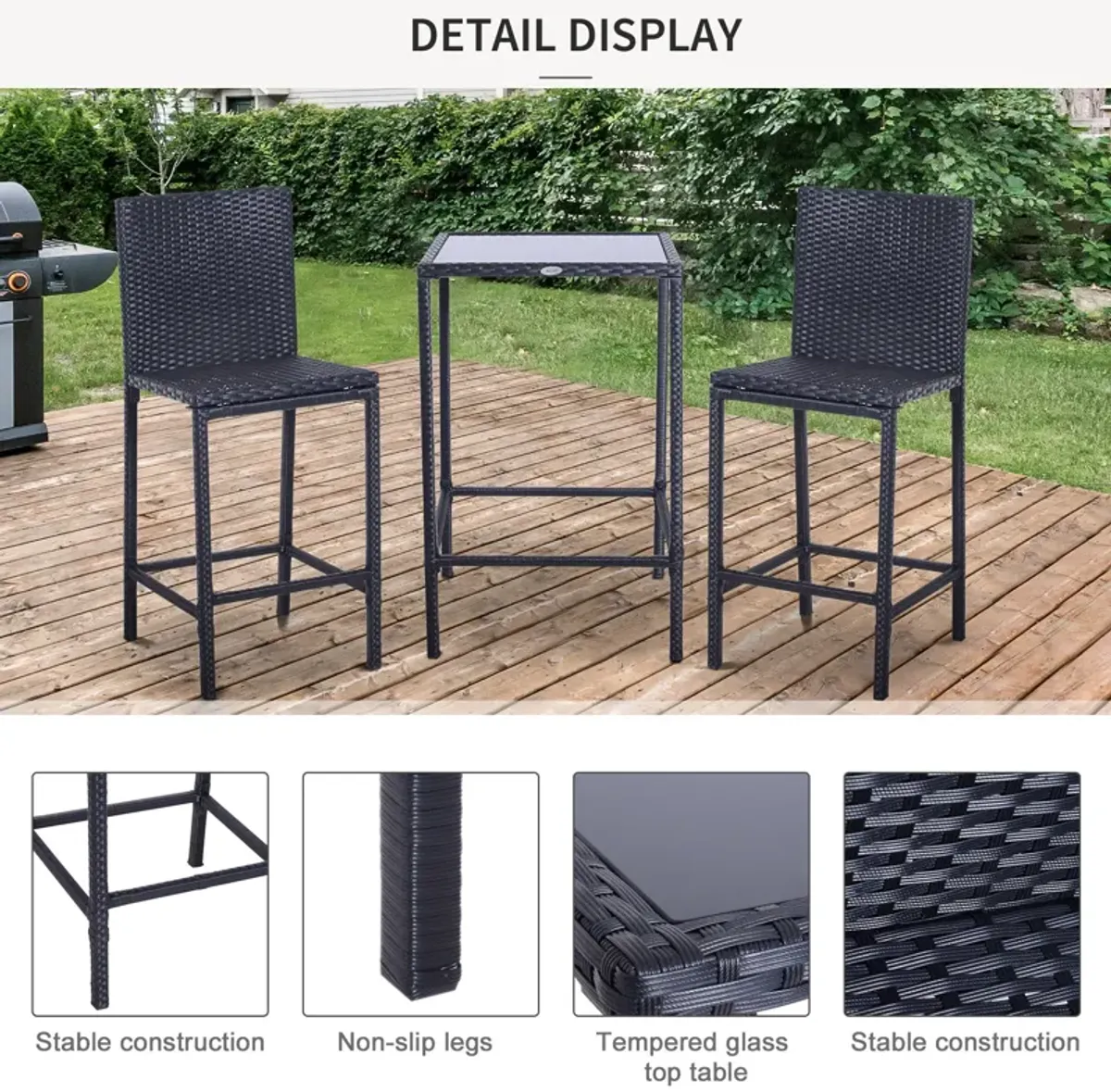 Alfresco Bar Ensemble: 3-Piece Black Wicker Counter Set with Glass Top