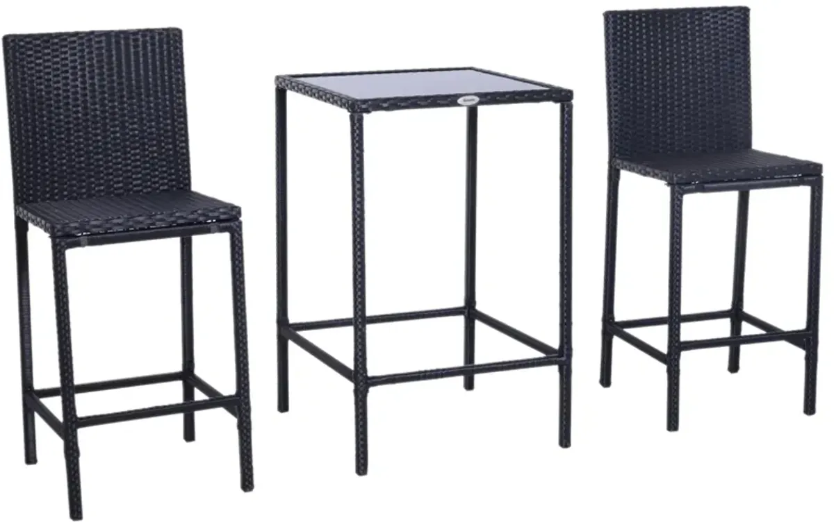 Alfresco Bar Ensemble: 3-Piece Black Wicker Counter Set with Glass Top