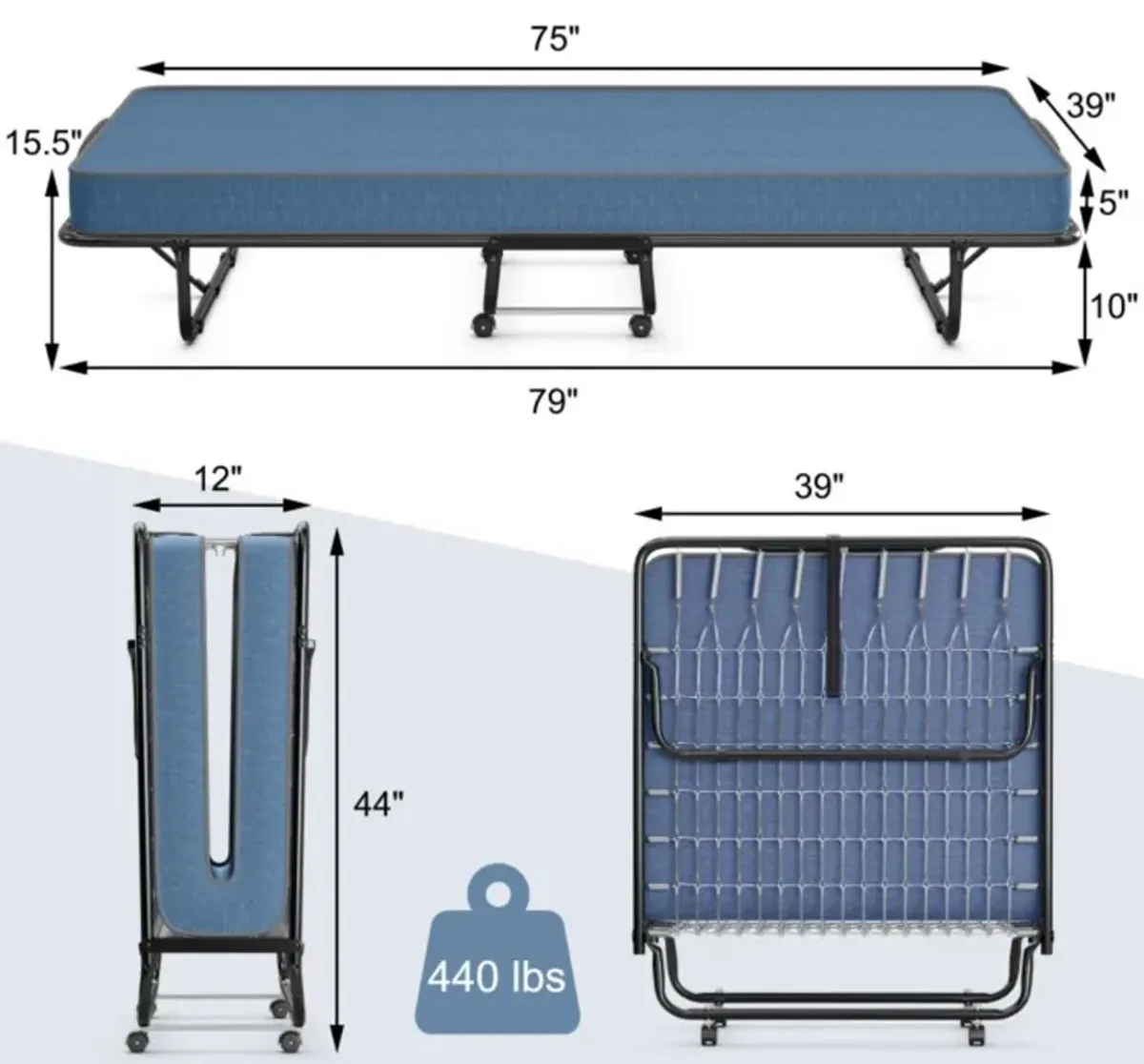 Hivvago Portable Folding Bed with Memory Foam Mattress and Sturdy Metal Frame Made in Italy