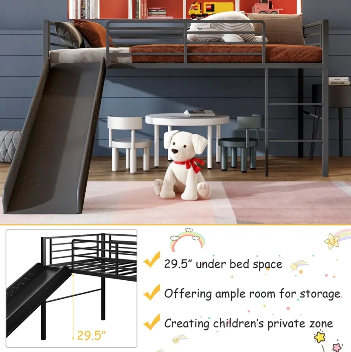 Twin Metal Loft Bed with Slide Safety Guardrails and Built-in Ladder