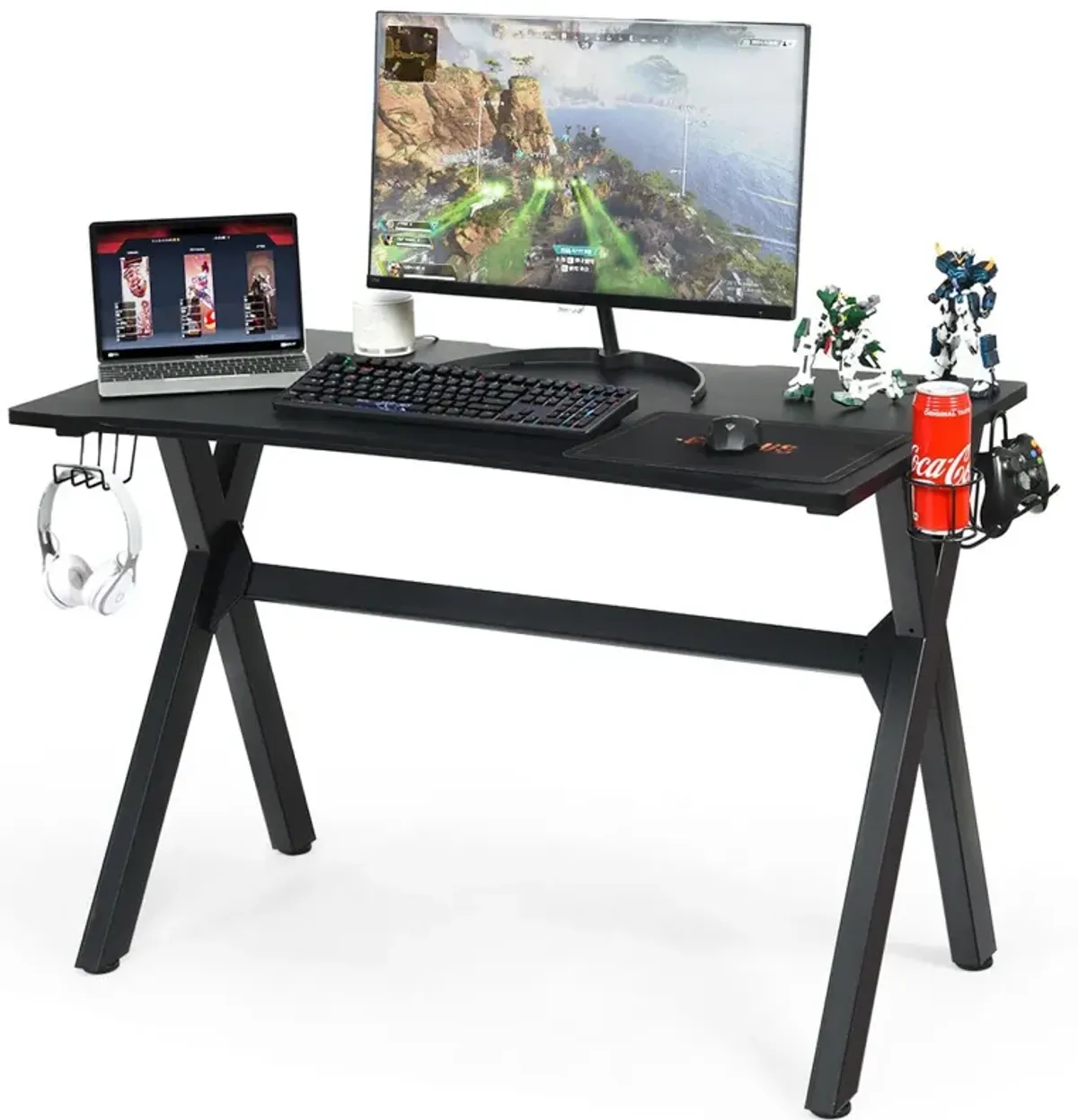 Ergonomic Gaming Desk with Mousepad and Cup Headphone Holder