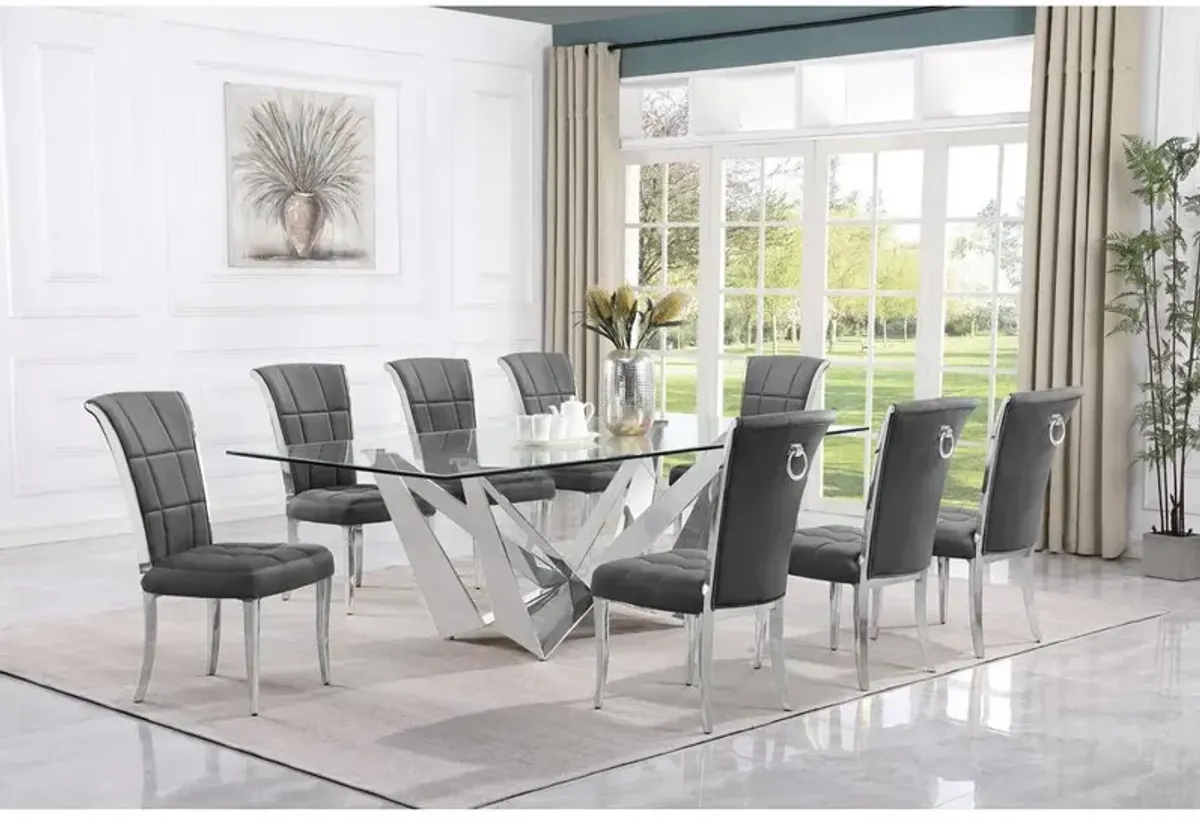 9pc Large(94") glass dining set with silver base and 8 Dark grey side chairs