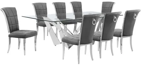 9pc Large(94") glass dining set with silver base and 8 Dark grey side chairs