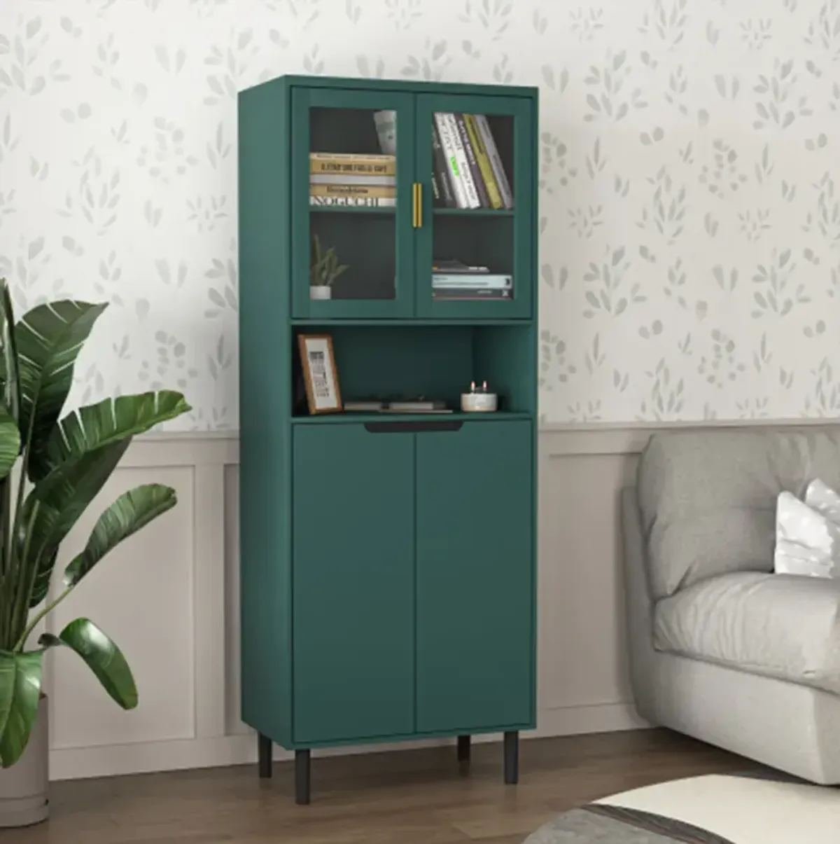 Tall Storage Bookcase with 2 Glass Display Door & 2 Doors, Tall Kitchen Pantry Cabinet with Gold Handles, Modern Cabinet Freestanding Living Room