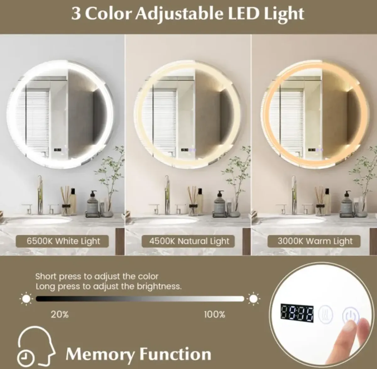 Hivvago Anti-Fog Round Led Bathroom Mirror with 3 Color LED Lights