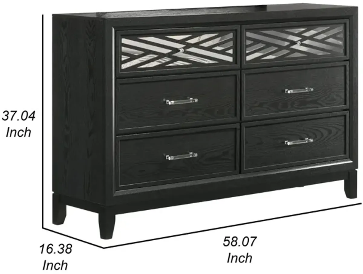 Benjara Kira 58 Inch Wide Dresser, English Dovetail 6 Drawer, Rubberwood, Black, Clear