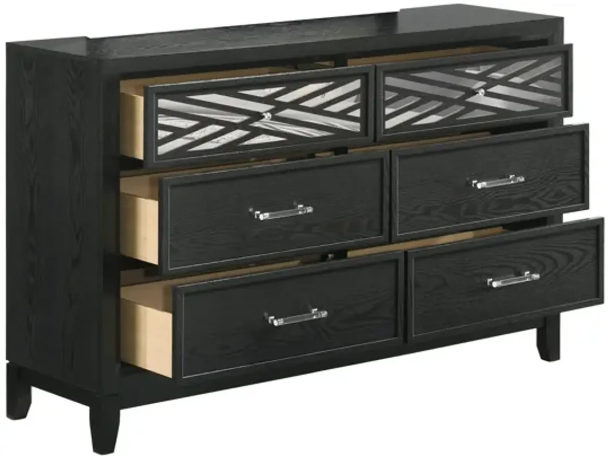 Benjara Kira 58 Inch Wide Dresser, English Dovetail 6 Drawer, Rubberwood, Black, Clear