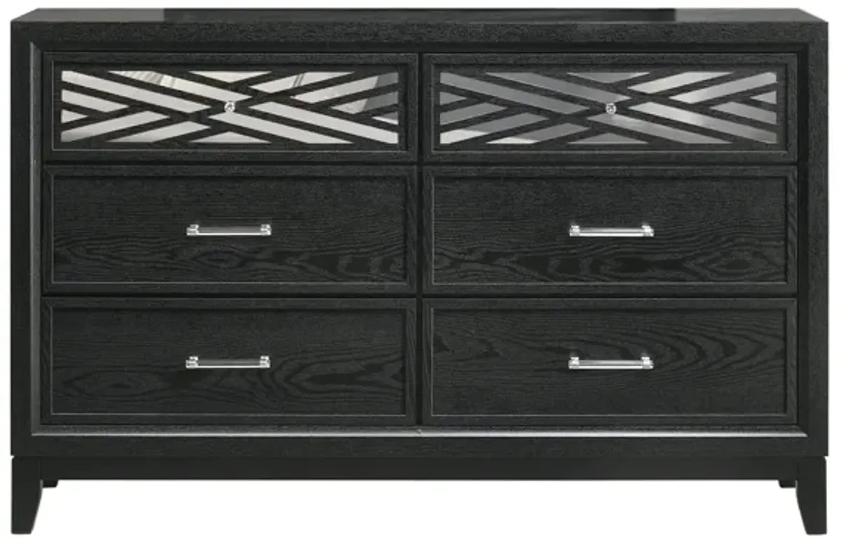 Benjara Kira 58 Inch Wide Dresser, English Dovetail 6 Drawer, Rubberwood, Black, Clear