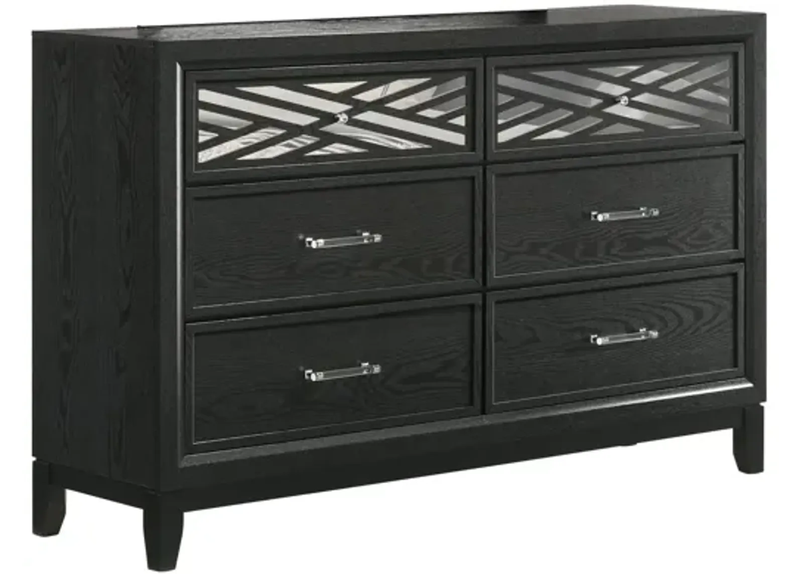 Benjara Kira 58 Inch Wide Dresser, English Dovetail 6 Drawer, Rubberwood, Black, Clear