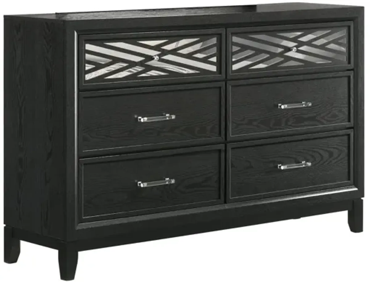 Benjara Kira 58 Inch Wide Dresser, English Dovetail 6 Drawer, Rubberwood, Black, Clear