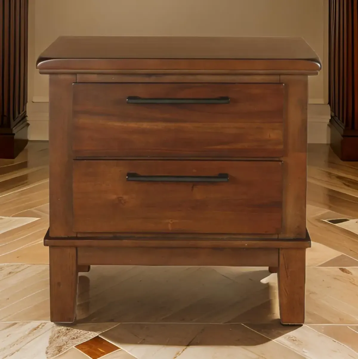 Wooden Nightstand with Chamfered Legs and 2 Spacious Drawers, Brown - Benzara