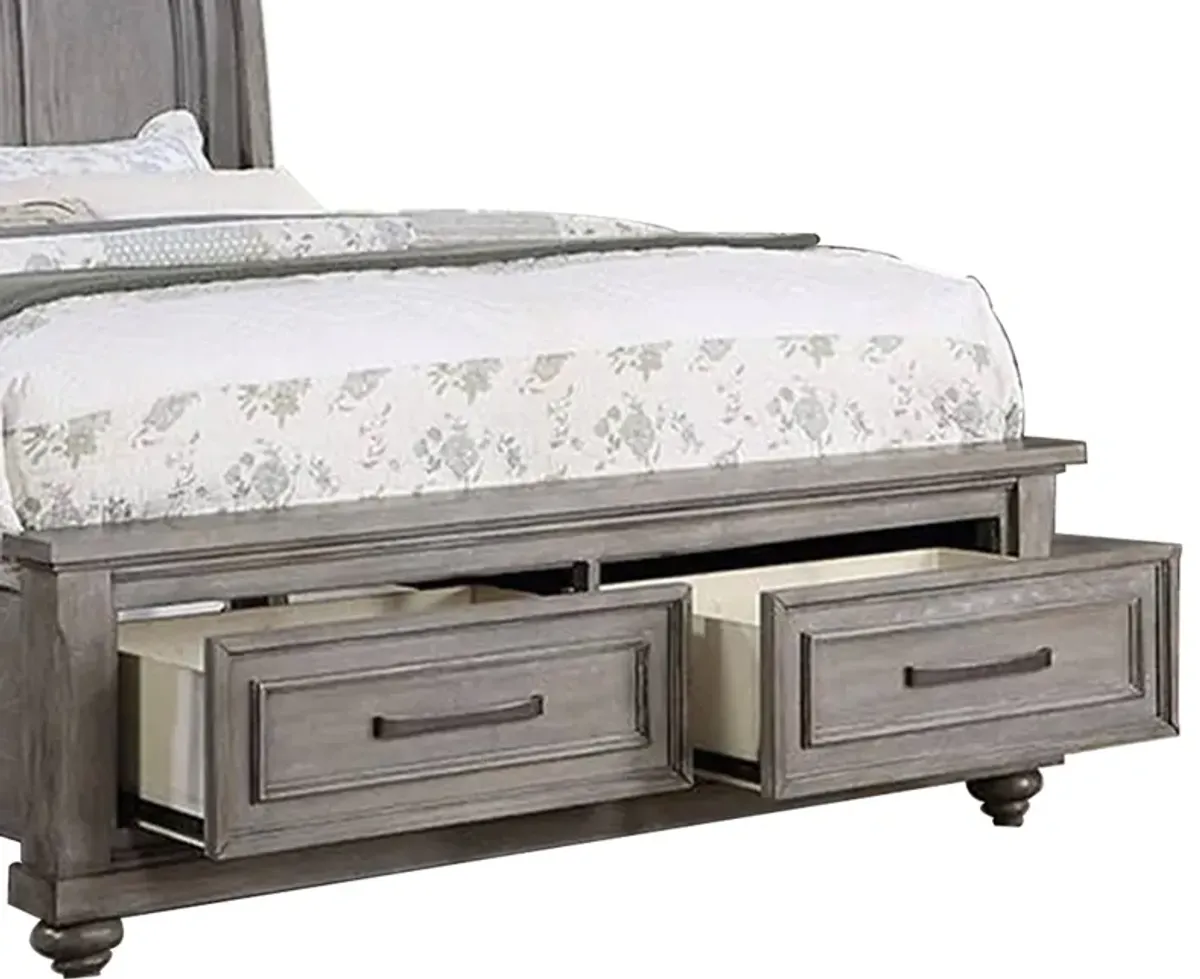 Demi California King Bed, Sleigh Headboard, Storage Drawers, Oak Gray Wood - Benzara