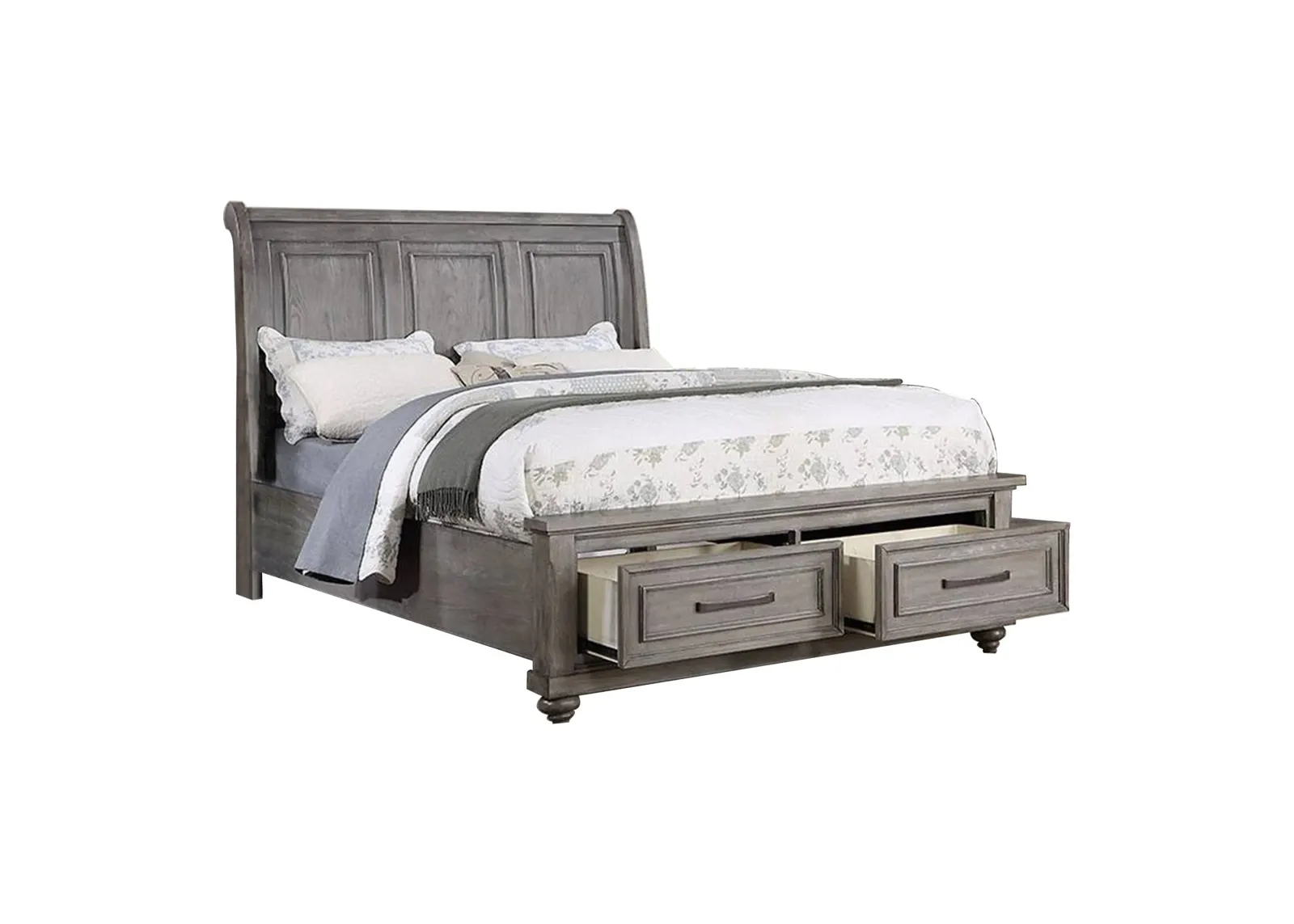 Demi California King Bed, Sleigh Headboard, Storage Drawers, Oak Gray Wood - Benzara