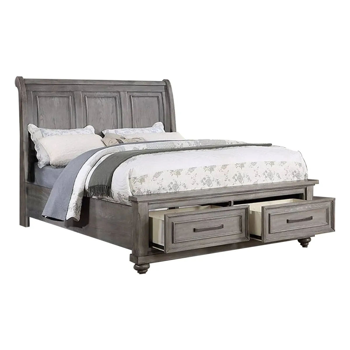 Demi California King Bed, Sleigh Headboard, Storage Drawers, Oak Gray Wood - Benzara