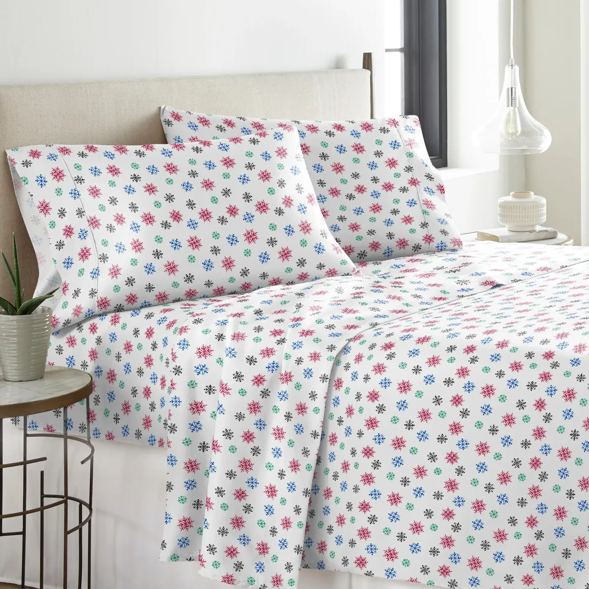 Pointehaven Heavy Weight 100% Cotton Snowflakes Brown Printed 170 GSM Flannel 4 pc Sheet Set, Full