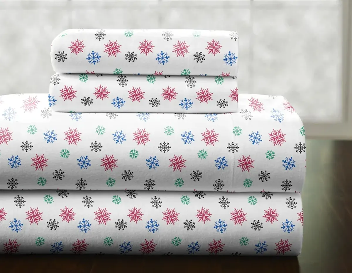 Pointehaven Heavy Weight 100% Cotton Snowflakes Brown Printed 170 GSM Flannel 4 pc Sheet Set, Full